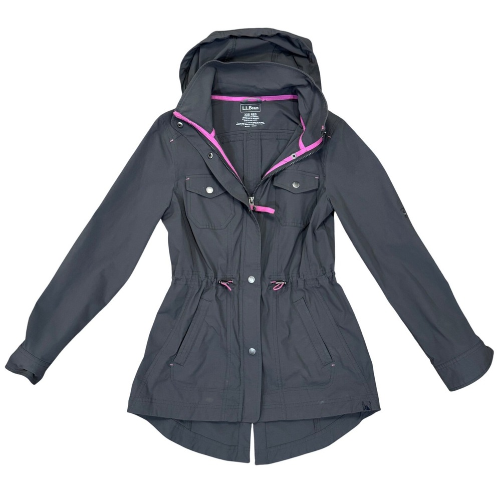 LLBean Womens XXS Reg Gray Hooded Utility Jacket Drawstring Waist Snap Buttons